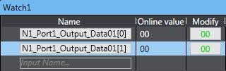 and N1_Port1_Output_Data01[1], respectively. Check that the online values are 0B and B8.