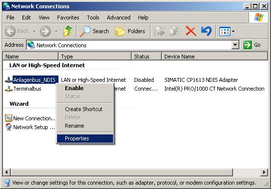 5. Select the NDIS adapter "SIMATIC CP 1613 NDIS Adapter", open its context menu and select "Rename". Assign a descriptive name such as, for example, Plant_bus_NDIS". Figure 3-14 6.