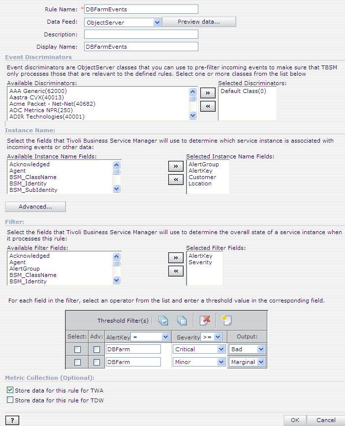 Figure 16. Instance name and filter settings for DBFarmEvents rule 8. Click the OK button. 9. Click the Save button in Edit Template 'OSDBFarm' tab.