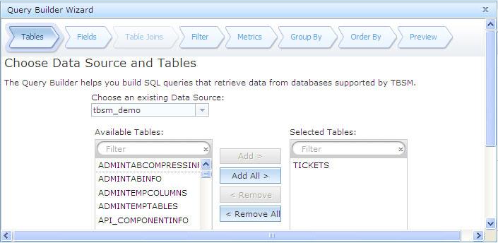 Create query with the Query Builder About this task To create the query for the REGIONALTICKETS data fetcher using the Query Builder, complete the following steps: Procedure 1.