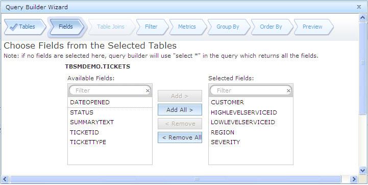 The fields move to the selected fields list. Figure 29. Query Builder: Choose Fields from the Selected Tables window 7. Click the Next button.