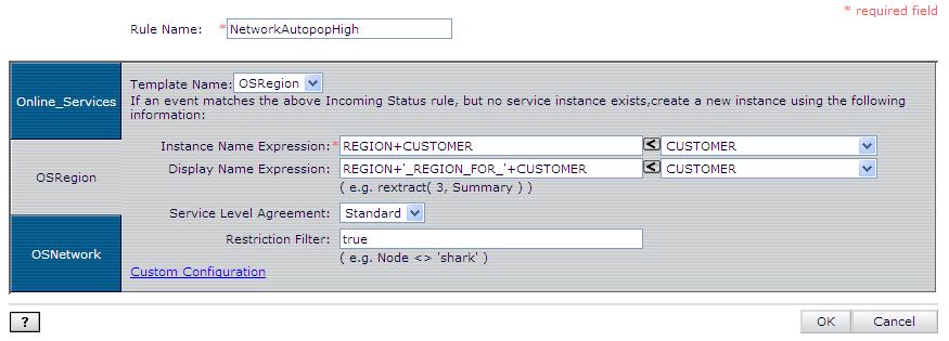 Figure 51 shows the Auto-Population Rule window with the settings for the OSRegion service template. Figure 51.