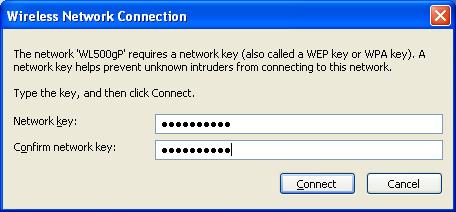 2) Input the 10-digit keys you have set on the wireless router and click Connect.