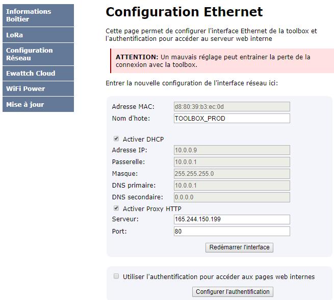 Network configuration MAC Address Host name Activate DHCP Activate HTTP proxy Restart the service Unique product address. This is necessary for configuring the ToolBox on the ECloud.