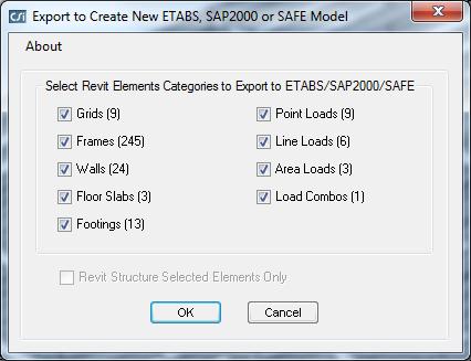Select the categories of Revit elements to export to ETABS.