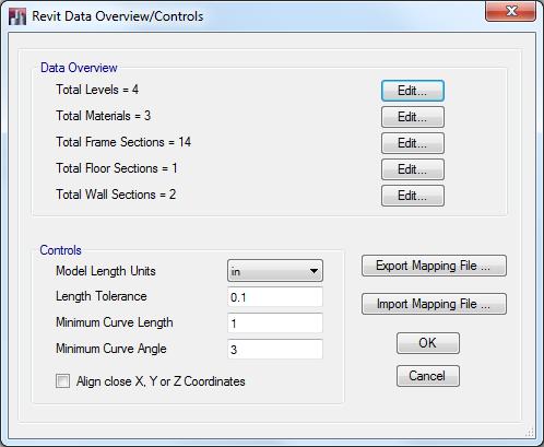 7. The Revit Data Overview/Controls form is displayed: The top section of this form provides access to more forms which let you specify how Revit levels, materials and families are imported in ETABS.