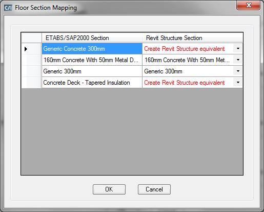 Clicking the Floor Sections button displays the Floor Section Mapping form: Changes to the mapping of ETABS floor