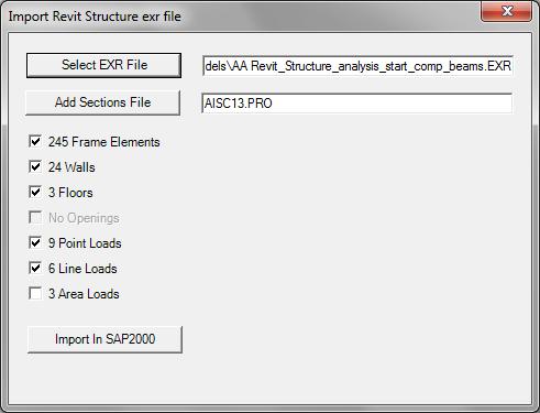 A summary of its contents is displayed: If any of the framing member family type names in the Revit project do not match the SAP2000 section profile names listed in AISC13.