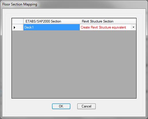 Clicking the Floor Sections button displays the Floor Section Mapping form: Changes to the mapping of SAP2000 floor sections to Revit sections can be made