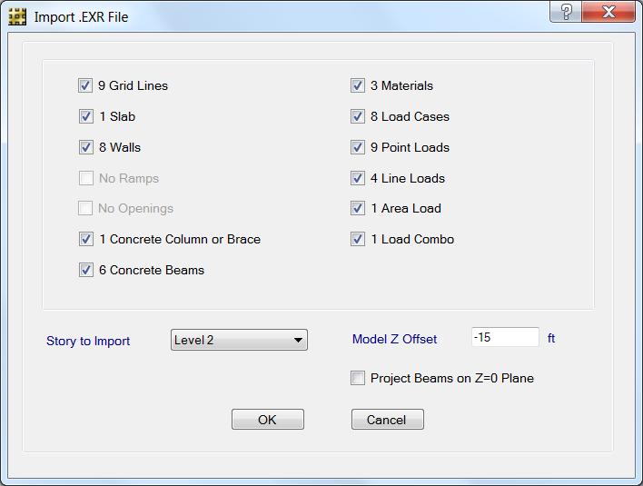 6. From the menu, select File>Import>EXR Revit file, and then select the.exr file to import. The Import.EXR File form is displayed: The form displays the contents of the EXR file.