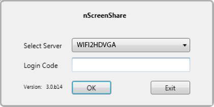 2. Launch the nscreenshare application on your computer. a. Double click the icon for the nscreenshare, this will display a login screen with Select Server and Login Code dialog boxes.