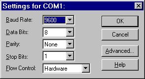 For Windows NT, you access the serial ports by selecting the Ports icon within the Control Panel. The resulting Ports dialog box is shown below.