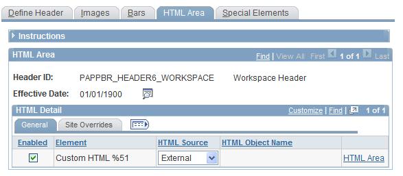 Configuring and Assembling Branding Themes Chapter 7 Enabling HTML Area Elements in Headers and Footers Use the HTML Area page to enable HTML elements used in headers or footers.