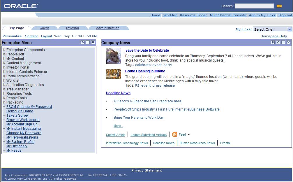 Chapter 4 Reviewing PeopleSoft Enterprise Portal-Delivered Branding Themes Theme 1 Blue Simple The following graphic shows the homepage for the Theme 1 Blue Simple theme.