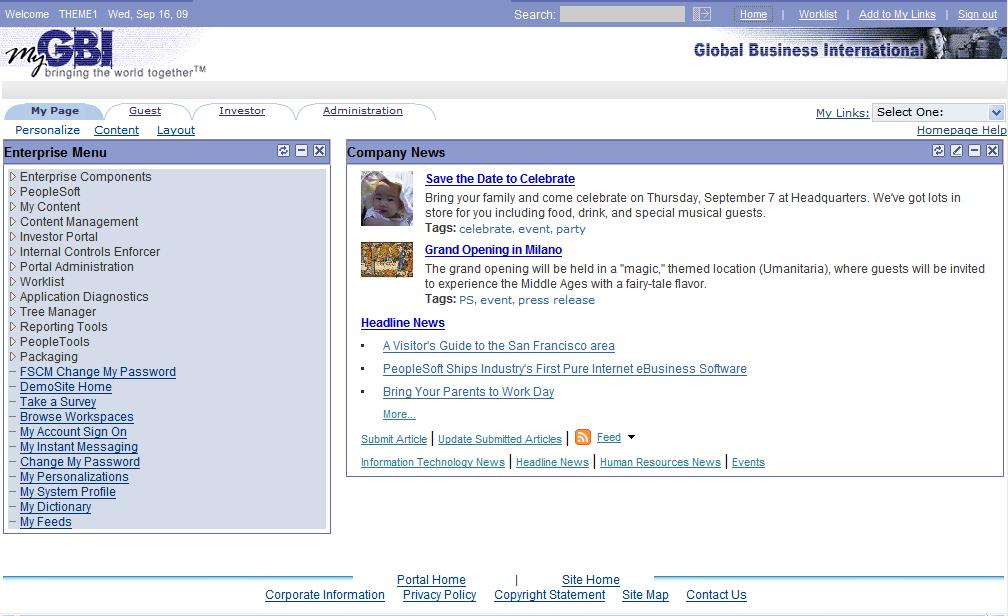 Reviewing PeopleSoft Enterprise Portal-Delivered Branding Themes Chapter 4 Sample GBI Theme The following graphic shows the homepage for the Sample GBI theme.
