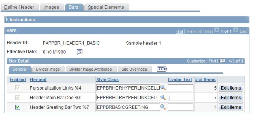 Configuring and Assembling Branding Themes Chapter 7 Define Header - Bars page To enable and configure a bar element and its detailed items: 1.