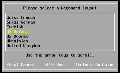 Select US Default keyboard layout and press Enter.