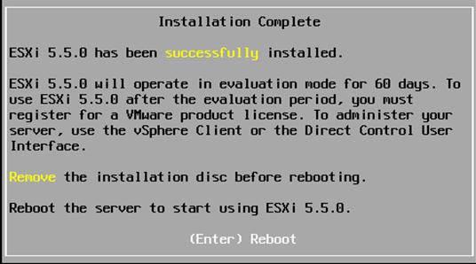 When the installation is completed, the next screen provides instructions to remove the installation media from KVM