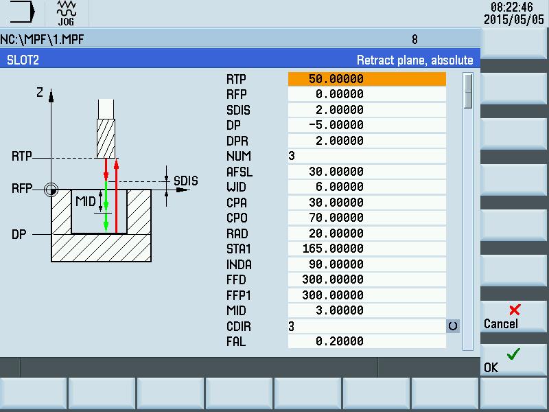 Programming example 2: Slots2 Proceed through the following steps: 1. Select the desired operating area. 2. Open the vertical softkey bar for available milling cycles. 3.