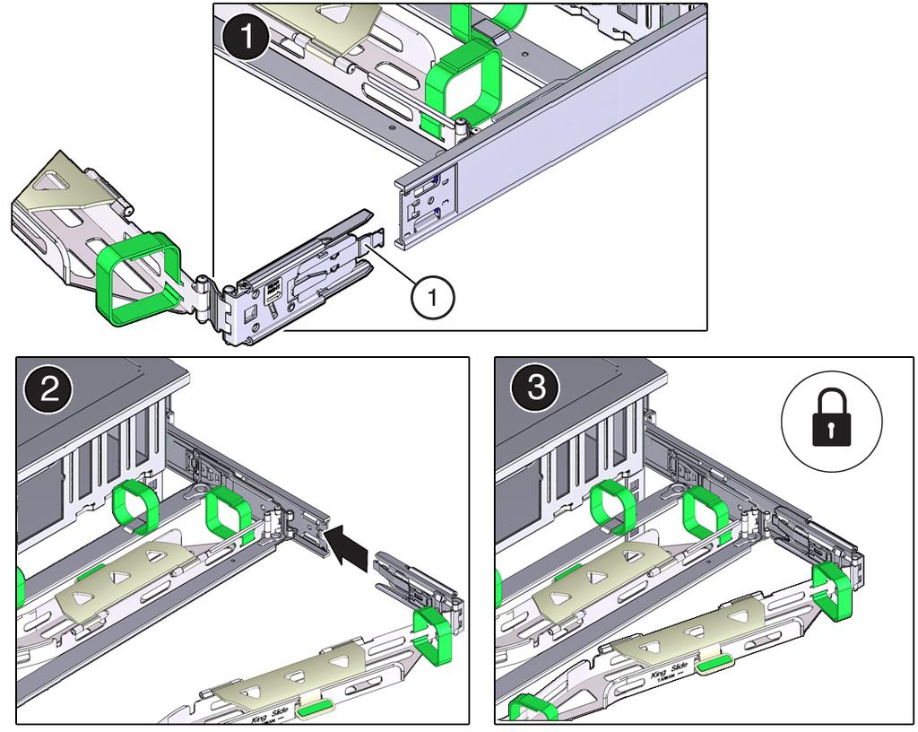 Attach the CMA to the Server a. 7. 52 Align connector C with the slide rail so that the locking spring (callout 1) is positioned inside (server side) of the right slide rail (panel 1). No.