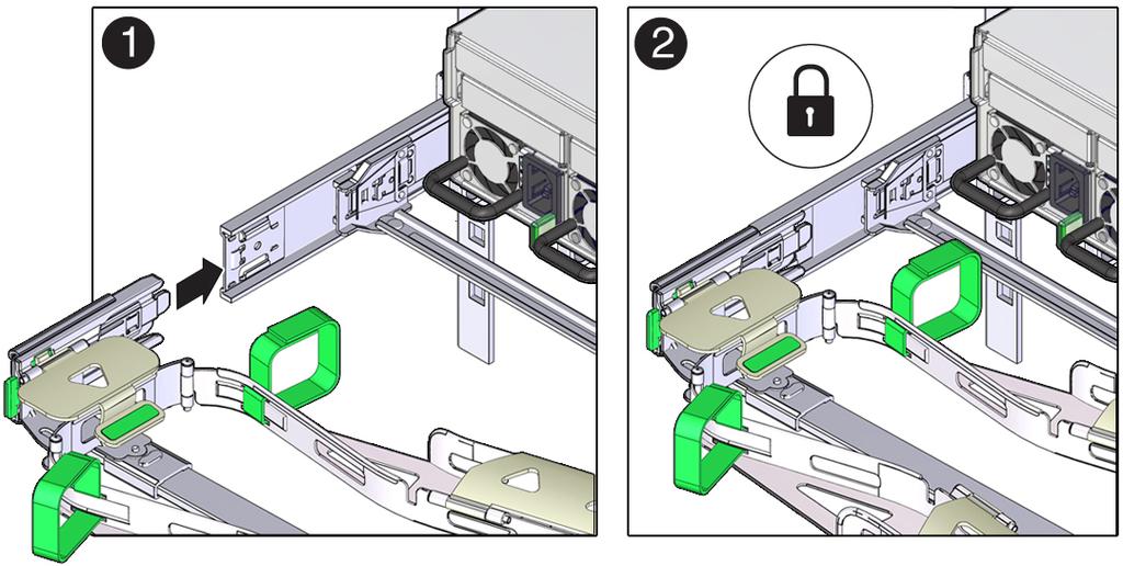 Attach the CMA to the Server Note - The slide rail latching bracket has a green release tab. This tab is used to release and remove the latching bracket so that you can remove connector D. 9.