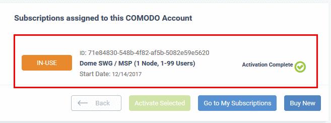 The license will be activated and Comodo Dome SWG will be added to your list of