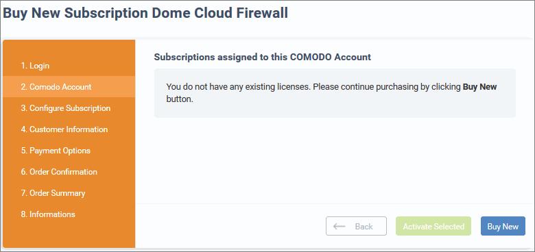 Click 'Buy New' In the 'Buy New Subscription Dome Cloud Firewall'