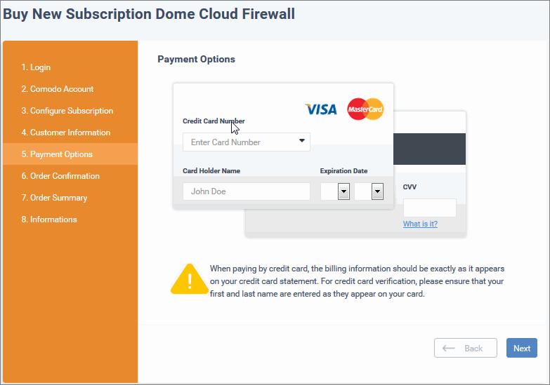 Click 'Next' on the confirmation page to submit your order for processing. After the purchase is complete, Dome Cloud Firewall will appear in the 'Applications' interface.
