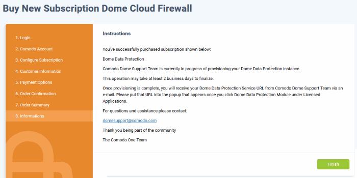 The license will be activated and Dome Cloud Firewall will be added to your list of licensed 'Applications'.