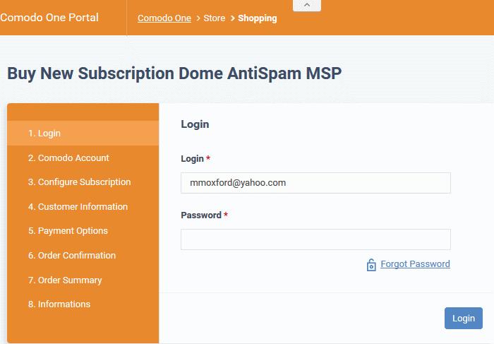 Alternatively, you can add Dome Antispam - MSP by linking to another Comodo Accounts Manager (CAM) or C1 account that already has a product license. The service can then be shared by both accounts.