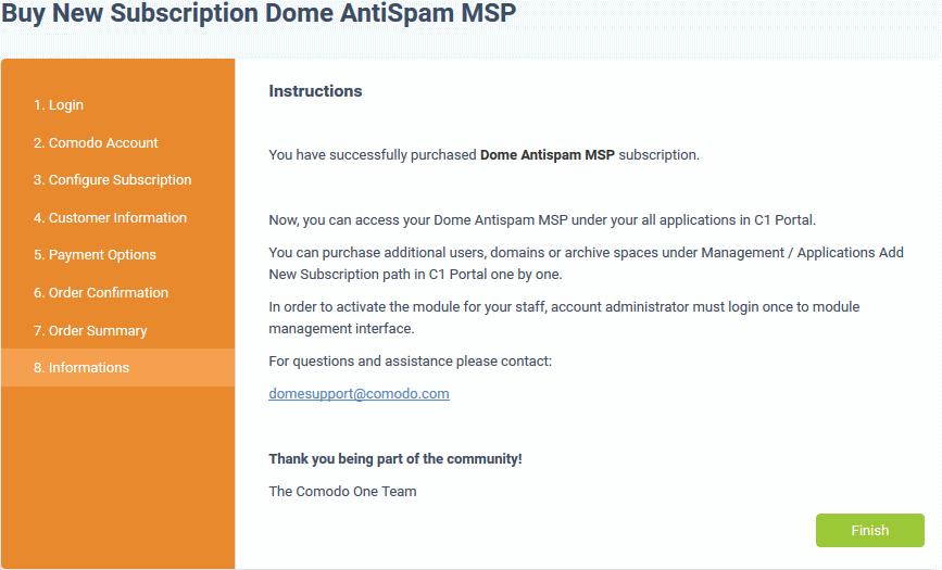 After the purchase is complete, Dome Antispam -