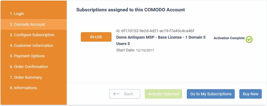 Select the license you wish to activate and click 'Activate Selected' The license will be activated and 'Dome Antispam - MSP' will be added to your list of licensed applications.