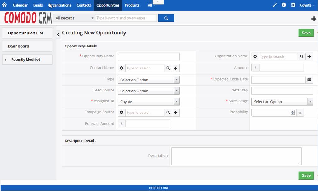 Create New Opportunity: Opens the 'Create New Opportunity' interface in the CRM module. This allows you to quickly create a new opportunity from a sales lead. To find out more, see https://help.