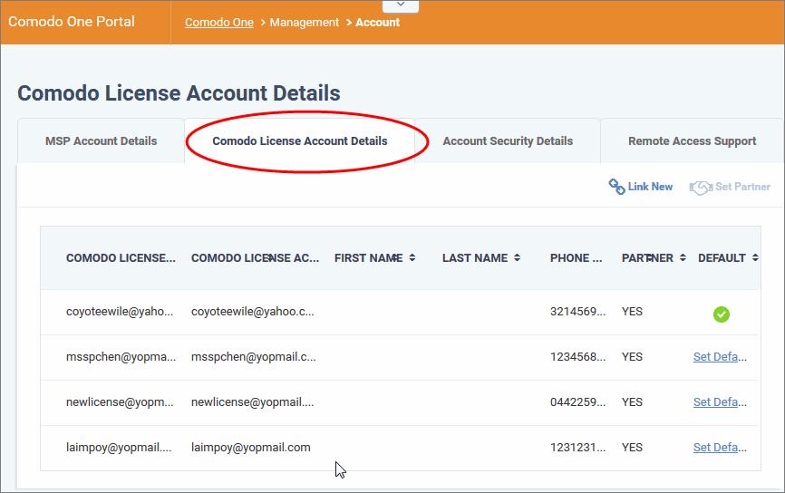 11.2 Comodo License Account Details The 'License Account Details' tab lists all C1 / Comodo Accounts Manager (CAM) accounts that you have added to your account.