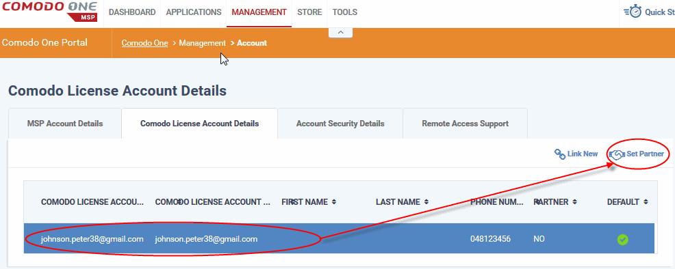By selecting a CAM account in 'Comodo License Account Details' then clicking 'Set Partner' at top right.
