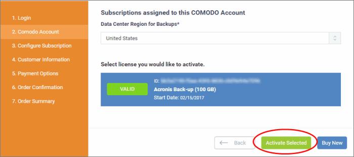 Reminder: If you are activating a license from a linked account, ensure that the linked account is set as the 'Default' account. For more details, see Comodo License Account Details.