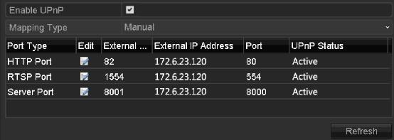 for server port, http port, RTSP port and https port respectively. You can use the default port No., or change it according to actual requirements. External Port indicates the port No.