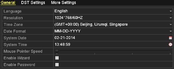 13.1 Configuring General Settings Purpose: You can configure the BNC output standard, VGA output resolution, mouse pointer speed through the Menu > Configuration > General interface. 1.