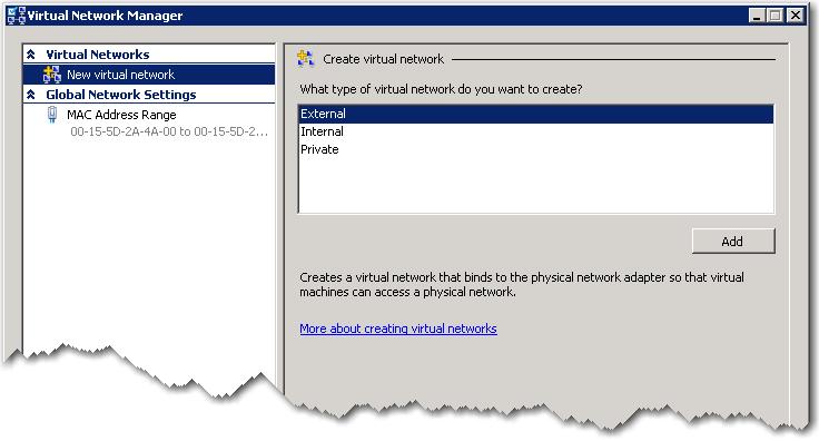 b. Select External, and click Add. The New Virtual Network screen appears on the right.
