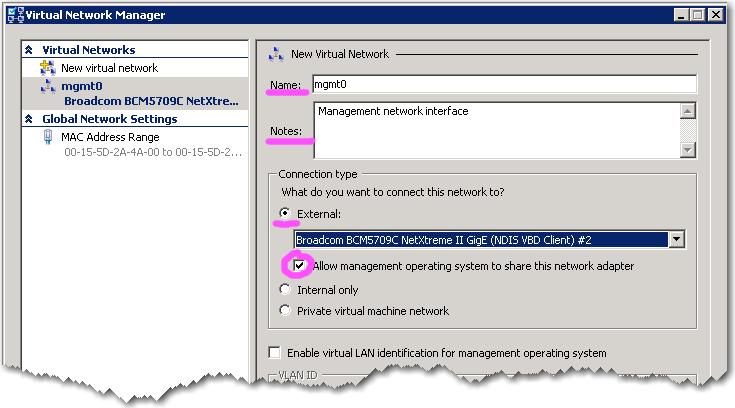 From the drop-down list, select the specific physical interface (on the Hyper-V host) that connects to the management network.