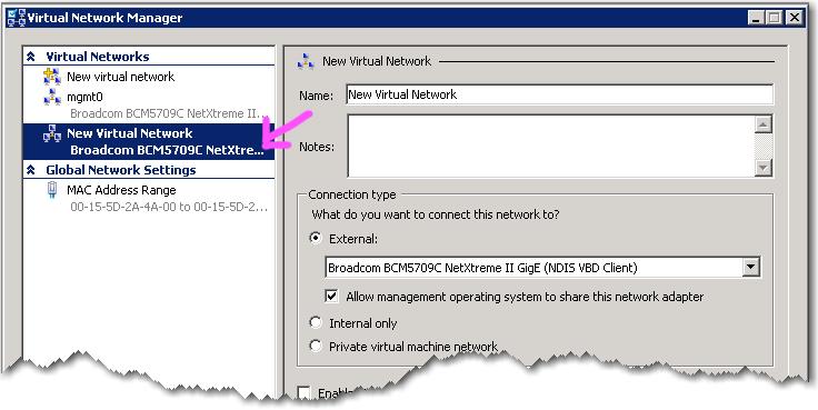 With External still selected, click Add. Virtual Network Manager adds New Virtual Network to the left column. i.