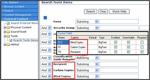 Configuration Searchable URM Custom Metadata Fields When you create URM Custom Metadata Fields (page 3-6) using the Adapter s URM Adapter source creation wizard, you can specify whether they are