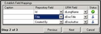 Configuration URM Sources Screen: Create New URM Source Screen - Establish Field Mappings This screen is Step 2 of a three-part wizard used to collect the necessary information to create a new URM