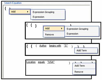 Configuration Equation Editor: Expression Design Pop-up Menus Depending on the state of your search equation (i.e., initial parenthesis, basic expression, or compound expression), right-clicking within a set of parenthesis displays one of three pop-up menus.