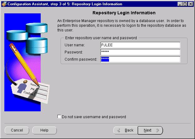 Creating a New Release 2.2 Repository Step 3 "Repository Login Information" An Enterprise Manager repository is owned by a database user.