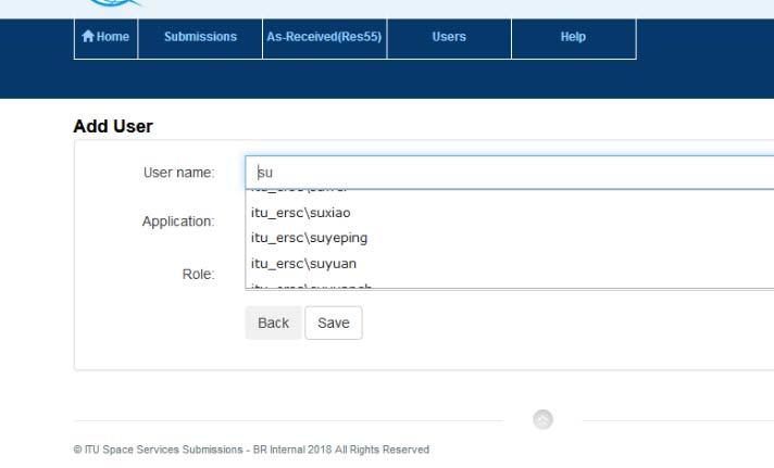 (2) Choose an appropriate user name from a drop down list. ( itu_ersc\ is a necessary prefix.) Fig. 2 Add new account for Administration User (2) 2.