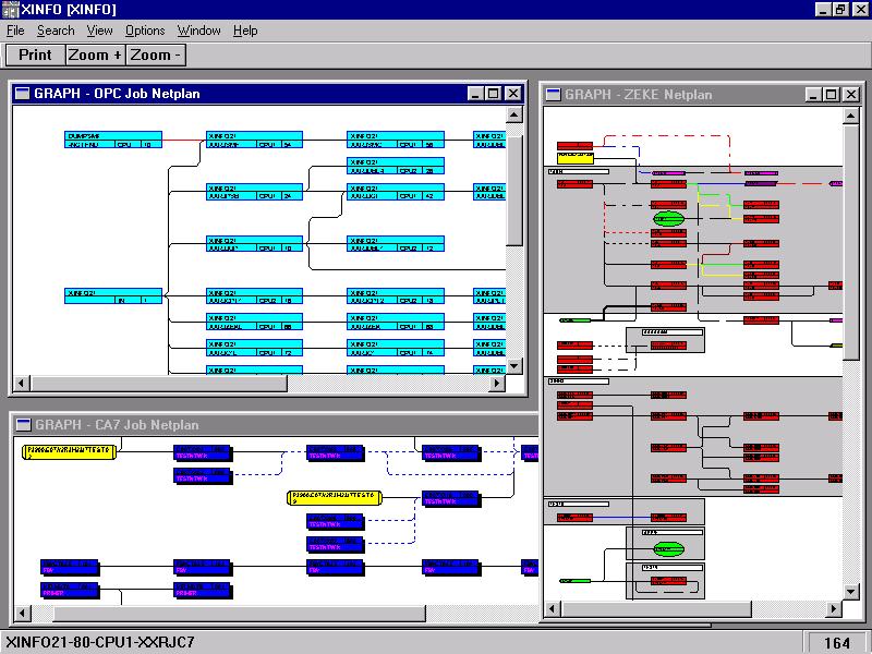 How is the production defined in the Scheduler? XINFO produces diagrams illustrating the job streams planned in the scheduler.