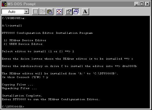 2 Installing the Software returns you to the DOS prompt as shown in the example screen below. 7.