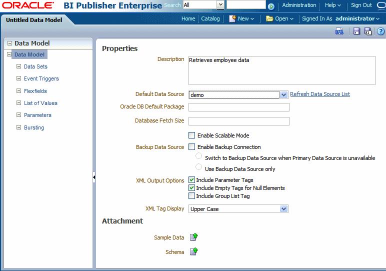 Setting Data Model Properties Figure 1 1 Data Model Editor Interface The Data Model Editor is designed with a component pane on the left and work pane on the right.