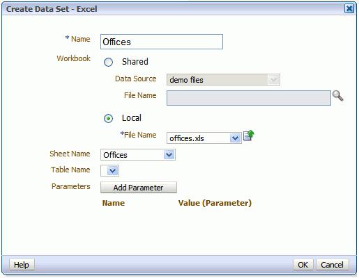 Creating a Data Set Using a Microsoft Excel File Figure 2 15 Defining Excel Spreadsheet for Data Set 6. If you added parameters for this data set, click Add Parameter.